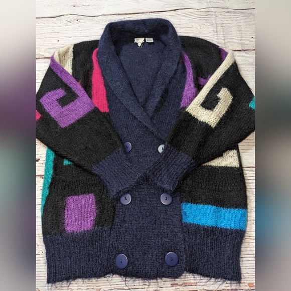 Cherrys Oversized Vintage Sweater Geometric Mohair Cardigan Medium 80s 90s - Picture 7 of 10